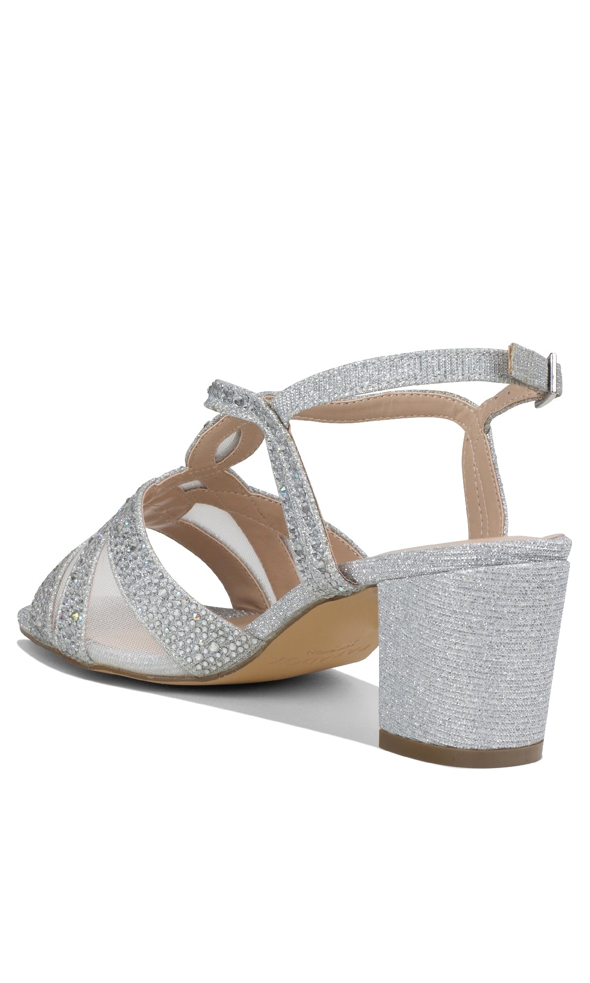Nadia Silver Prom Shoes: Paradox London P2208 features glittery silver straps, open toe, closed heel with ankle buckle, and stylish block heels—ideal for prom—shown from a back side angle.